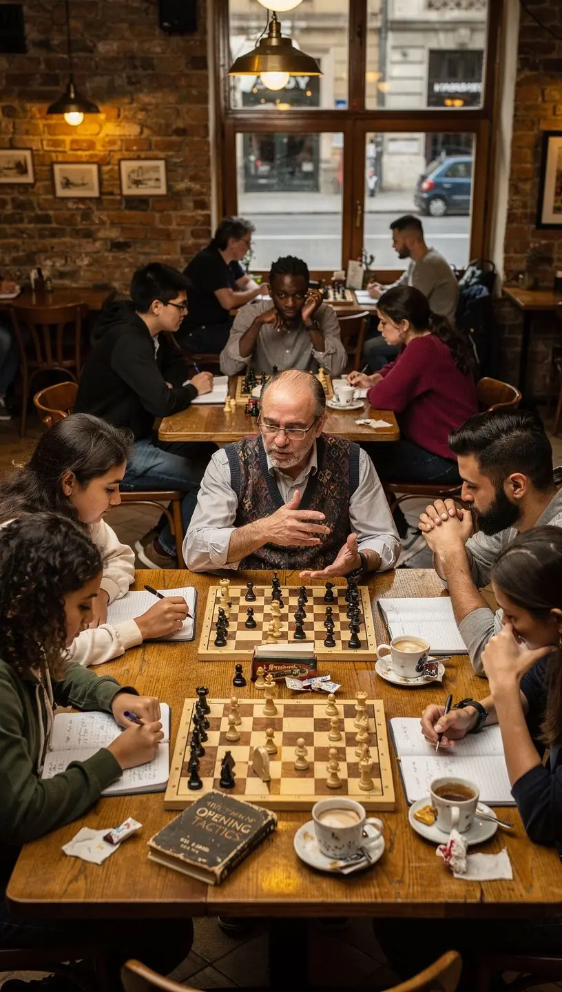 Egy sakkbábu készlet, amely bemutatja a különböző bábuk elhelyezését a nyitási elmélet gyakorlásához.