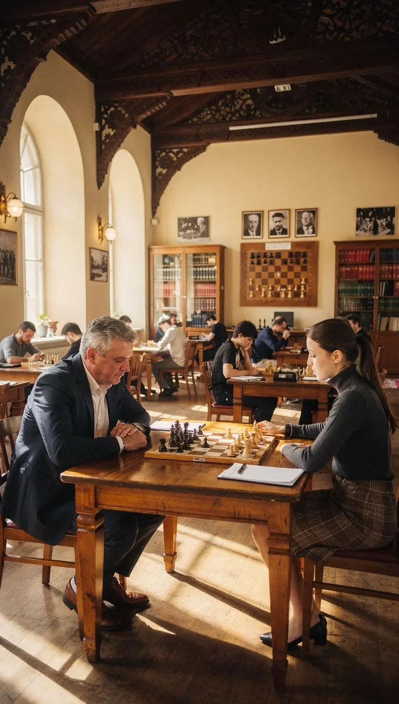 Sakkparti, ahol a játékosok különböző nyitási stratégiákat alkalmaznak egy izgalmas versenyhelyzetben.