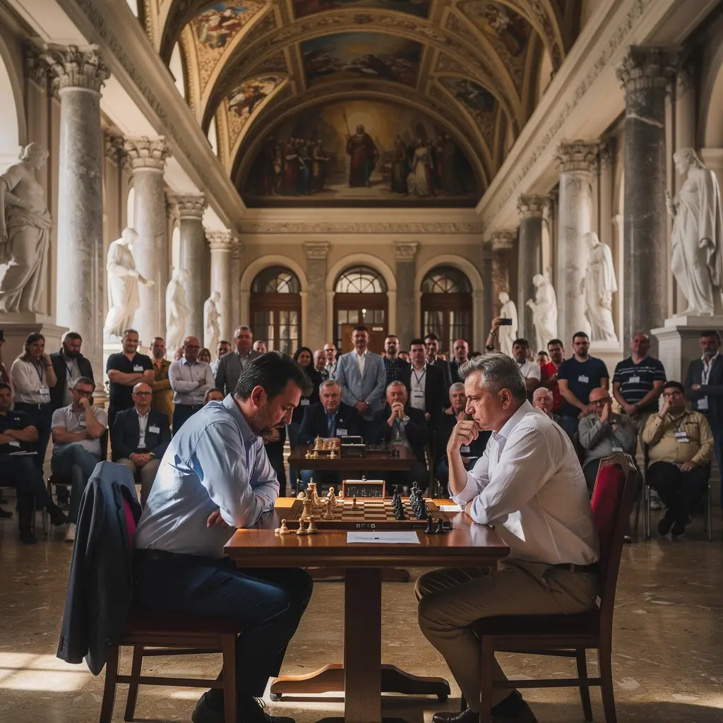 Sakkparti, ahol játékosok stratégiát kidolgozva lépnek a táblán, figyelmesen elemzik az ellenfél lépéseit.
